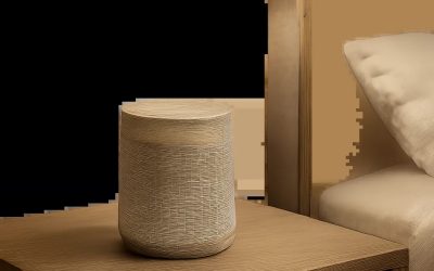 Une machine à bruit blanc design dans une chambre apaisante, illustrant son usage pour le sommeil et le confort sonore. L’image évoque un environnement calme, moderne et premium.