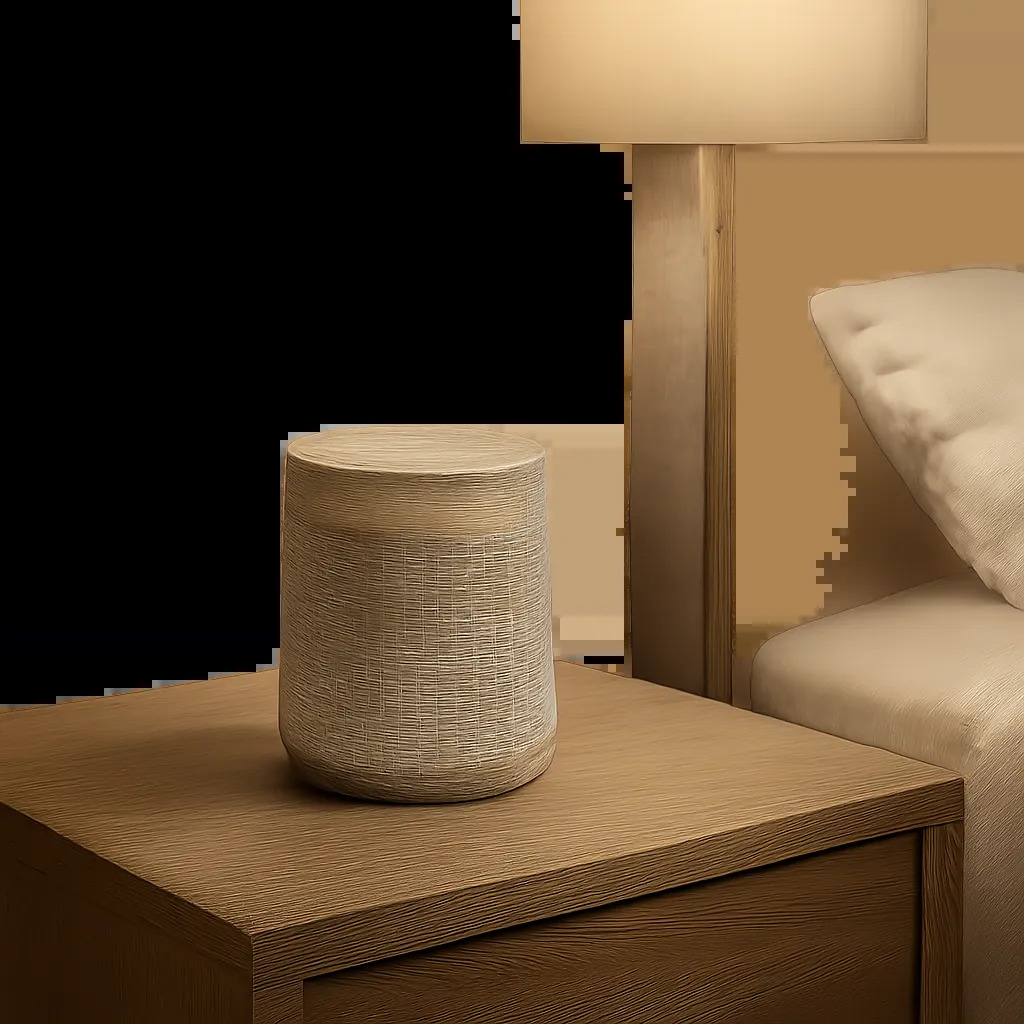 Une machine à bruit blanc design dans une chambre apaisante, illustrant son usage pour le sommeil et le confort sonore. L’image évoque un environnement calme, moderne et premium.
