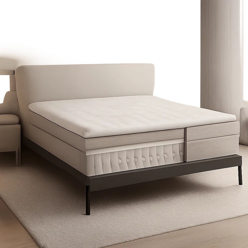 Visuel premium mettant en avant un matelas ferme dans une chambre moderne et apaisante. L’image suggère le maintien, la stabilité et le confort thermique sans surcharger la scène.